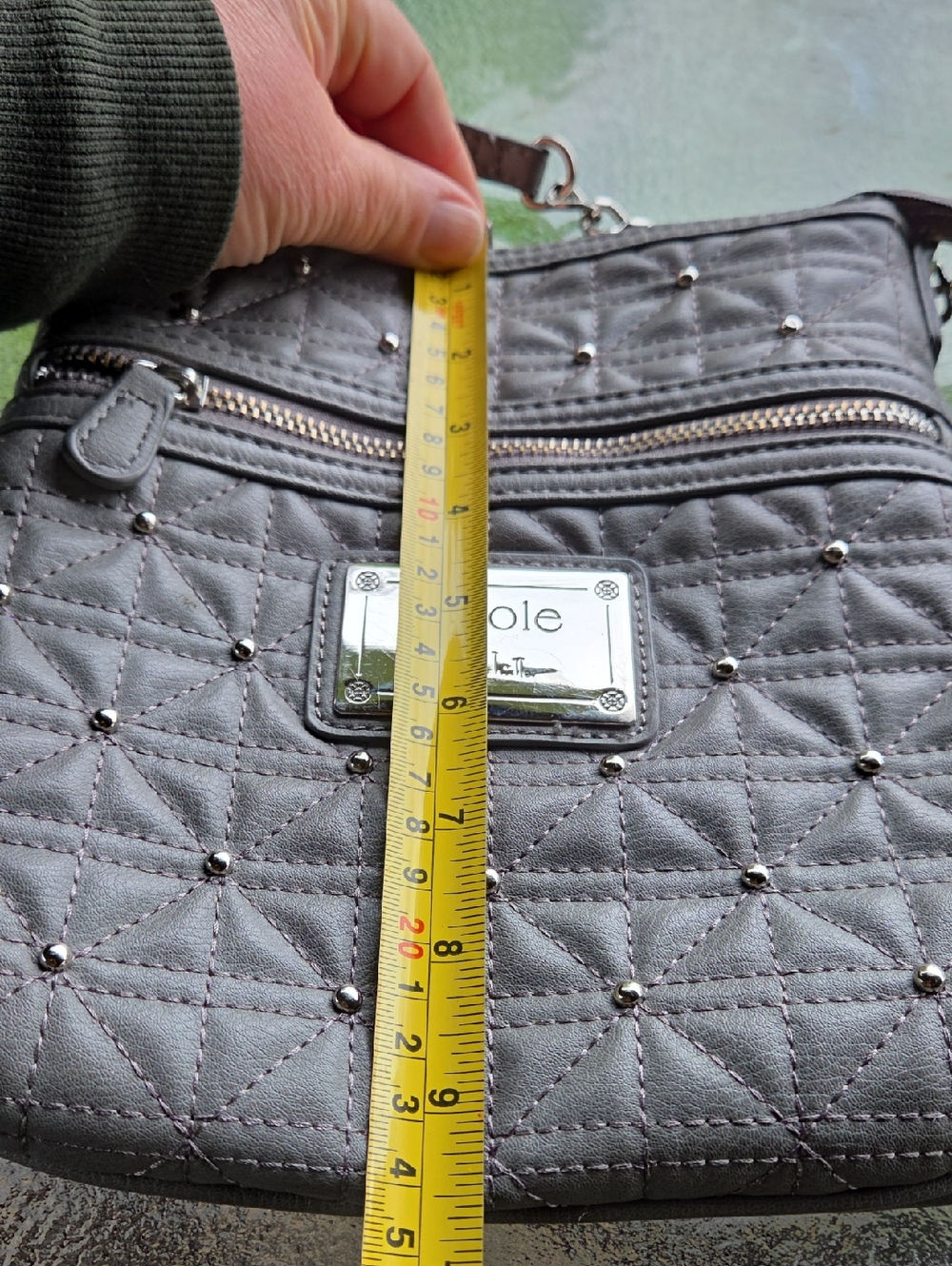 Nicole Miller Quilted Gray Crossbody Bag with Stud Detail ☆ Silver Metal Accents - Picture 12 of 16